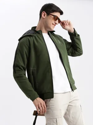 Stylish Outer Layer Men's Olive Mock Collar Rapid-Dry Technology Windcheater Bomber Jacket With Detachable Hoodie