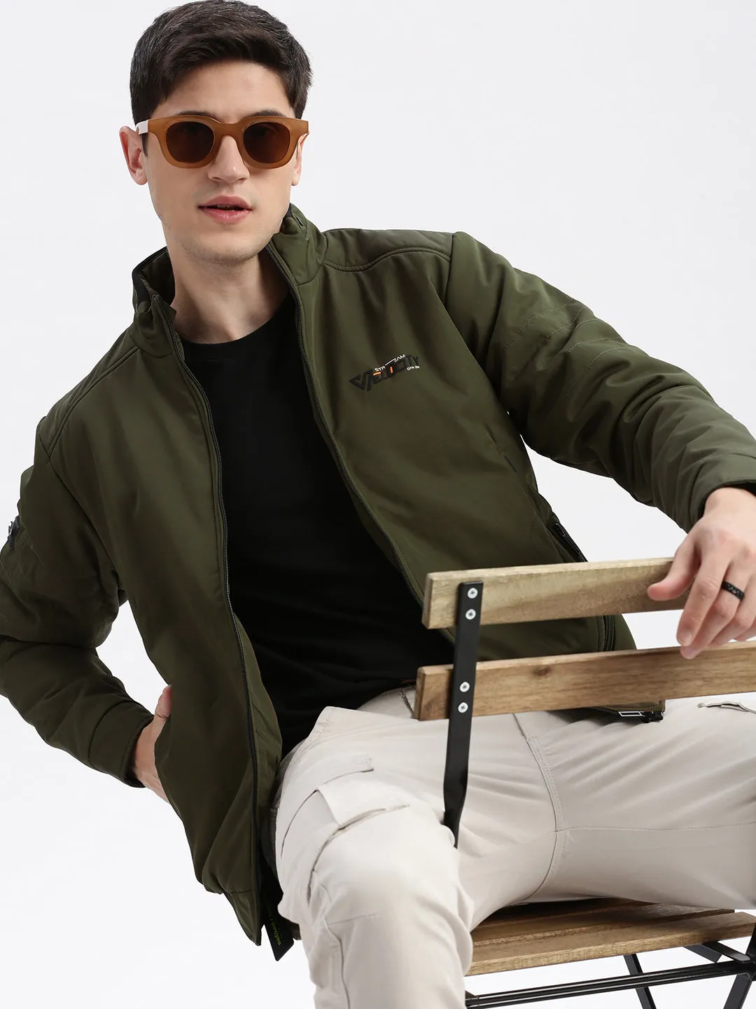Adjustable Hood Feature Men's Olive Mock Collar Rapid Dry Windcheater Bomber Jacket
