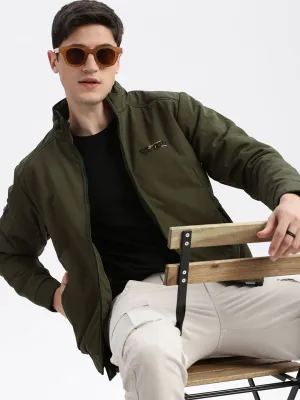 Adjustable Hood Feature Men's Olive Mock Collar Rapid Dry Windcheater Bomber Jacket