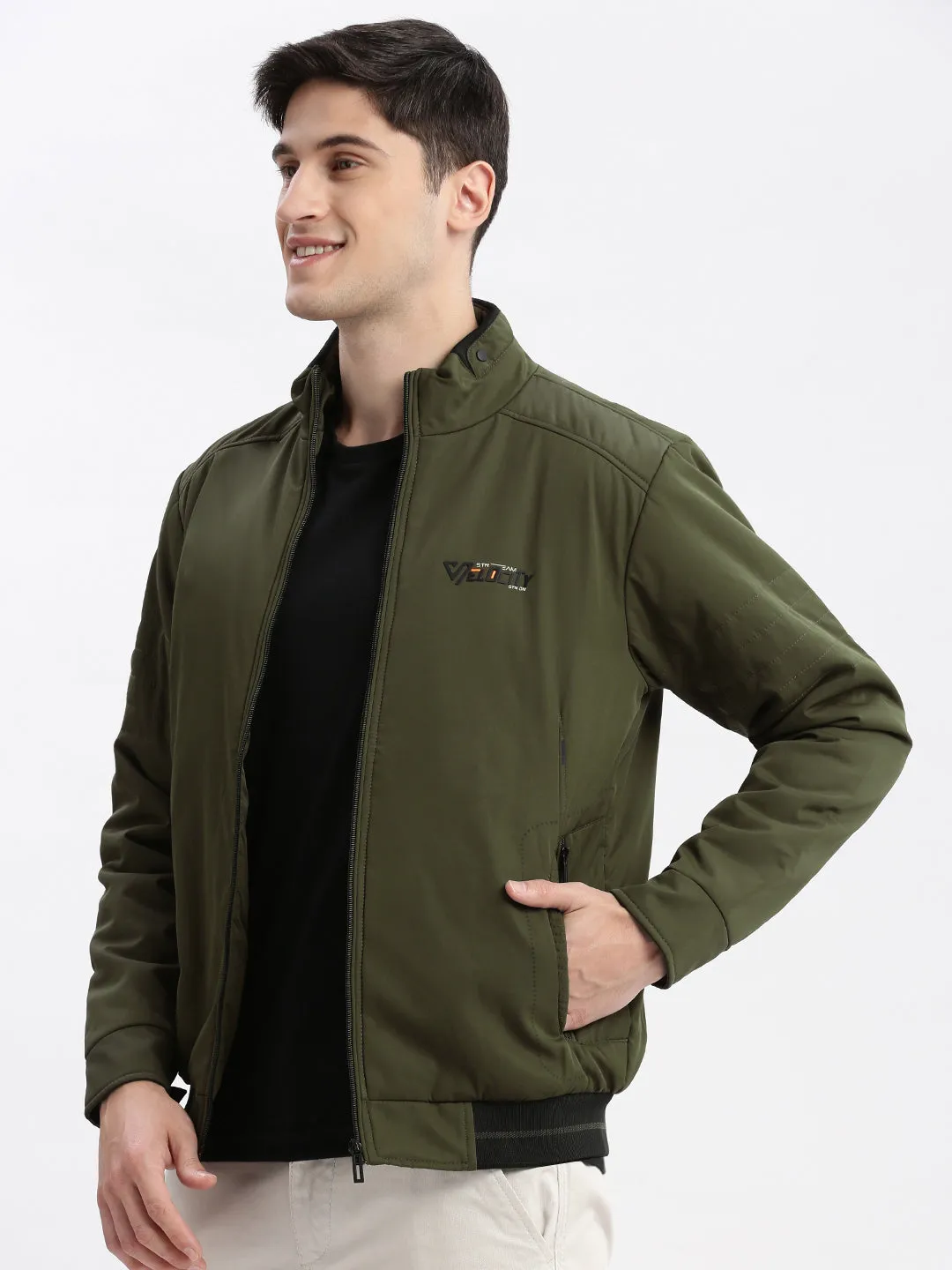 Men's Olive Mock Collar Rapid Dry Windcheater Bomber Jacket Anti Slip Shoulder Pads