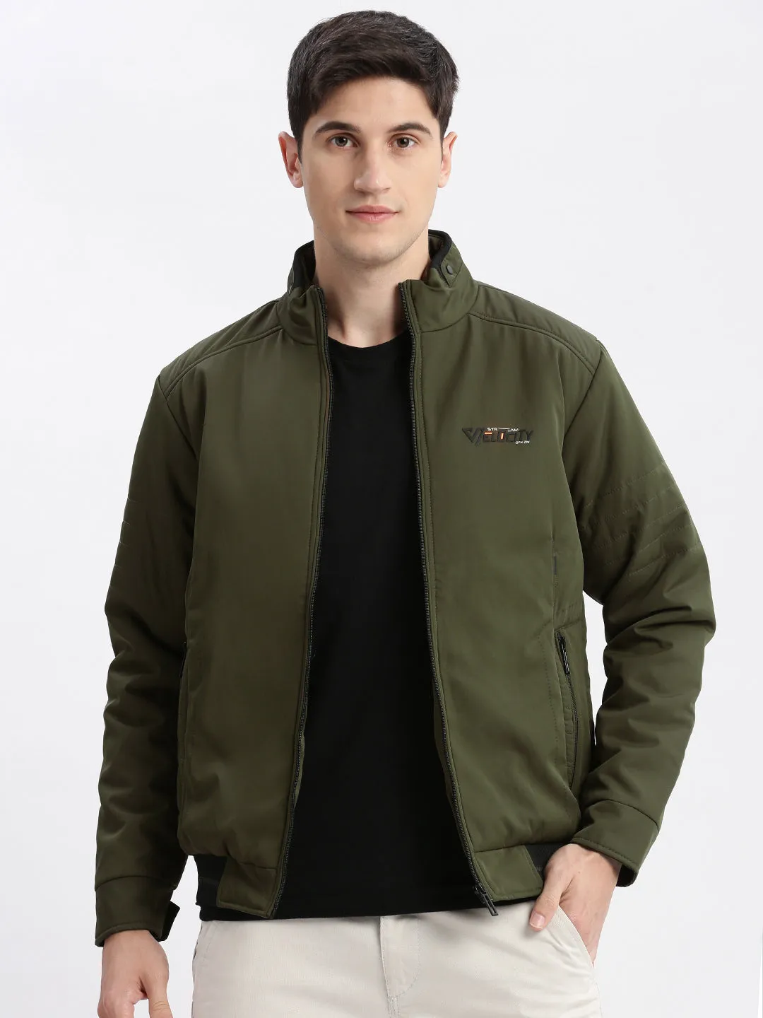 Men's Olive Mock Collar Rapid Dry Windcheater Bomber Jacket Headphone Hole Flexible Layer System