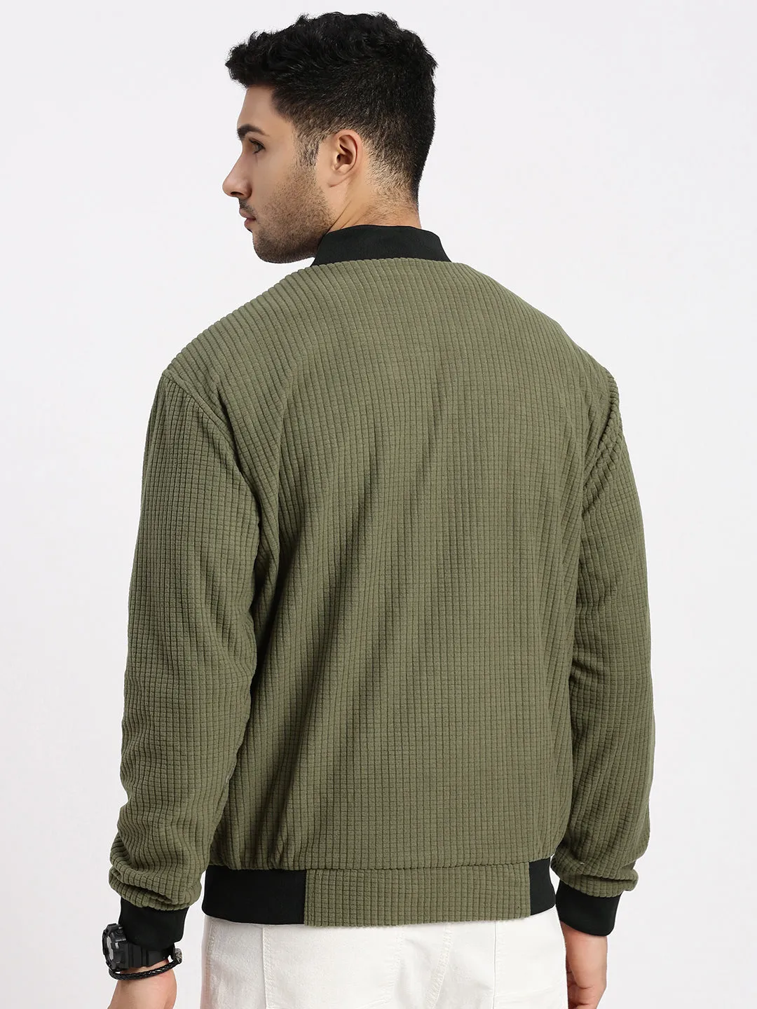 Sleek Casual Men's Olive Solid Bomber Jacket