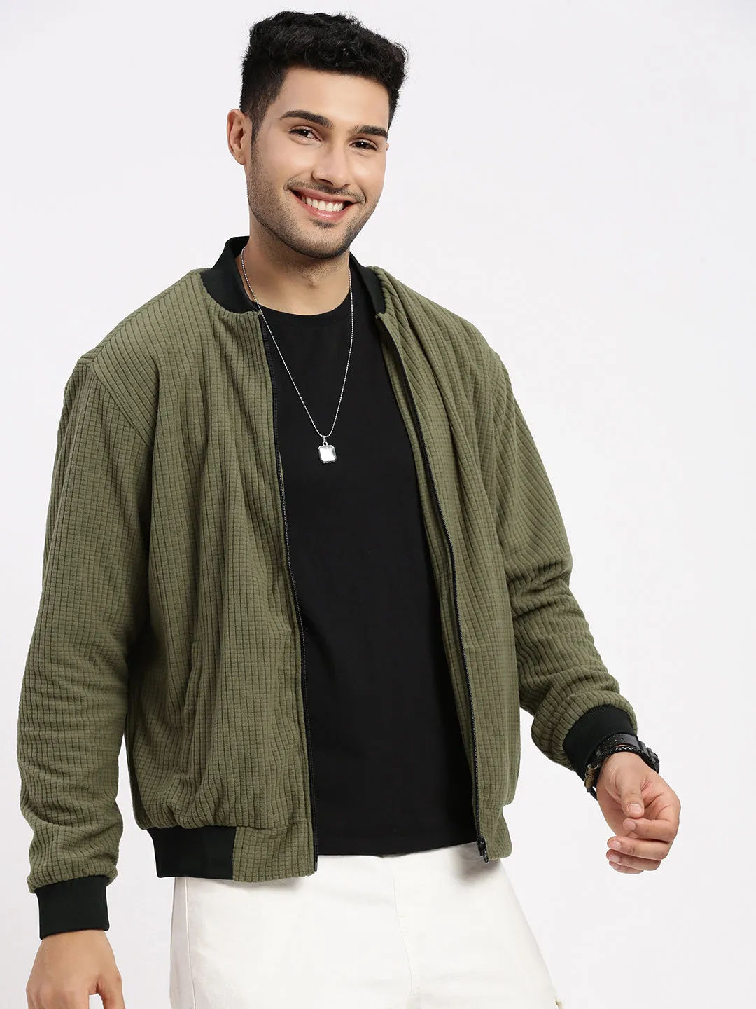 Men's Olive Solid Bomber Jacket Camo Print Glow In The Dark Accents
