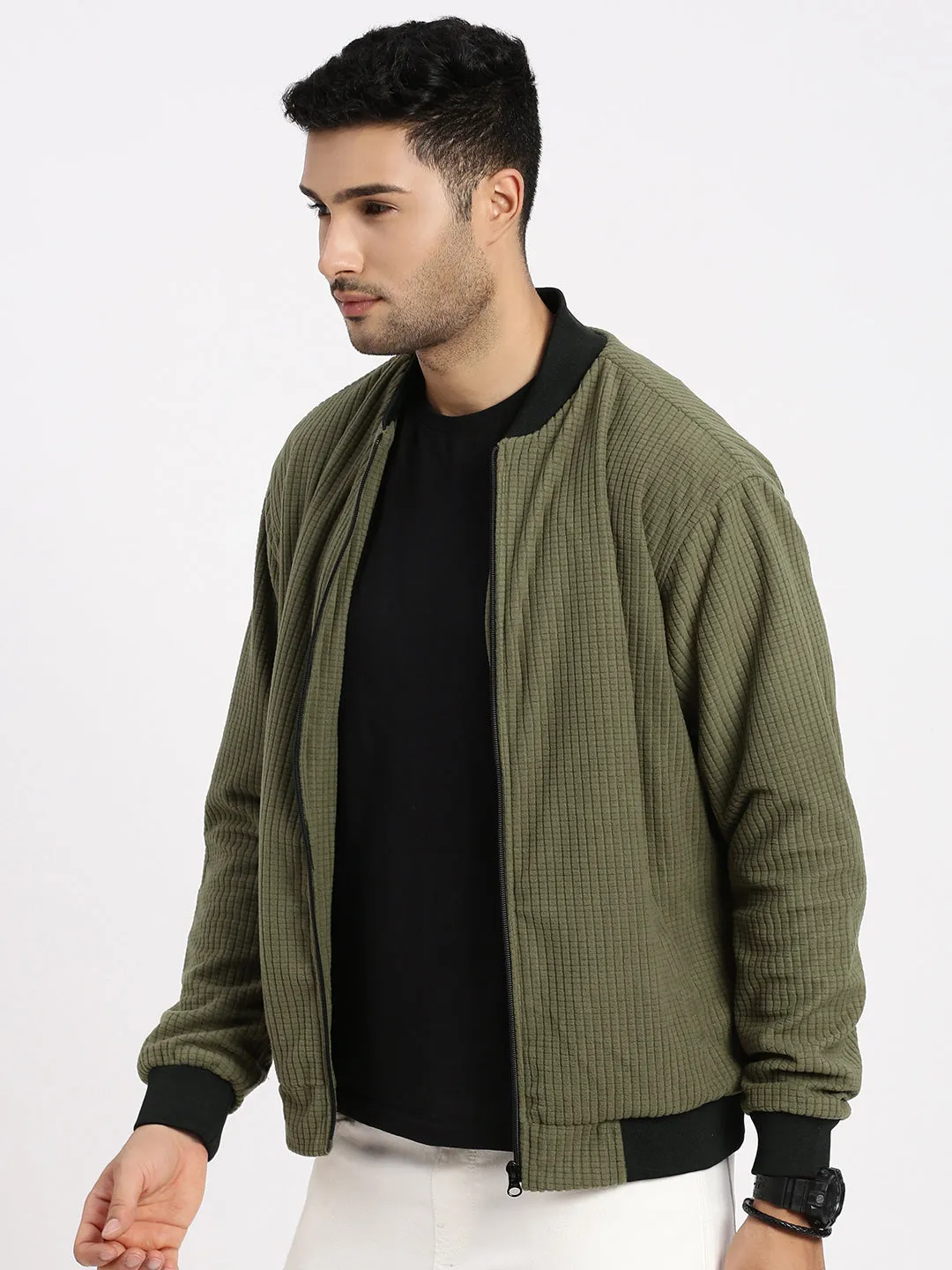 Men's Olive Solid Bomber Jacket Water Resistant Shell