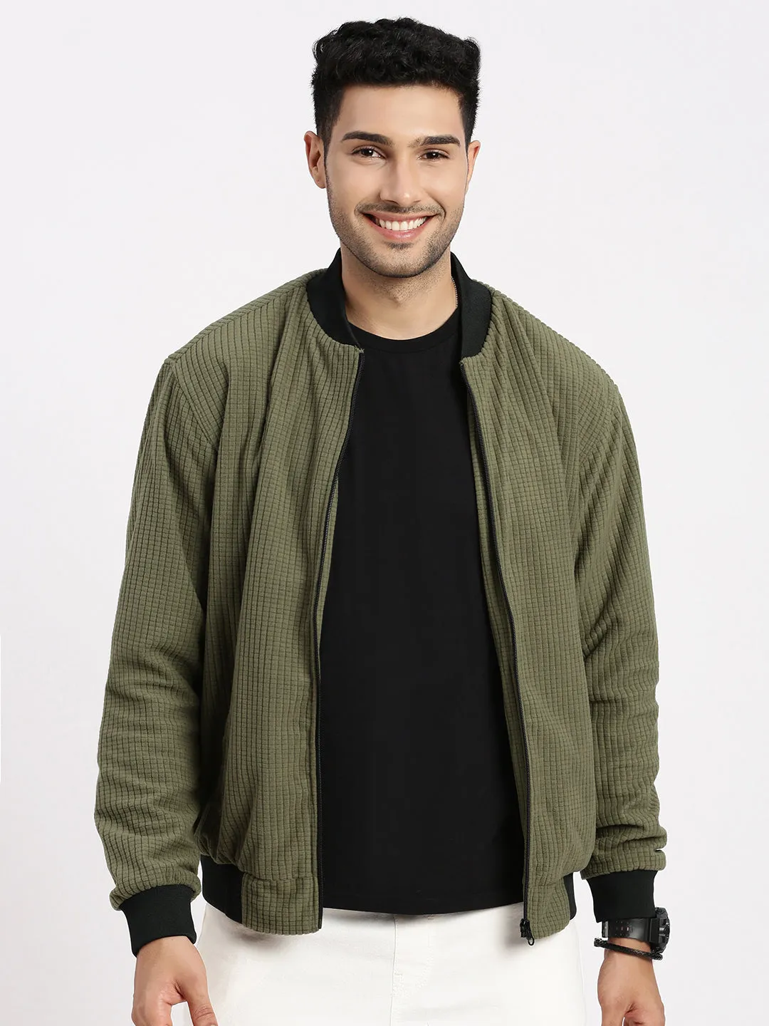 Simple Modern Piece Layer Friendly Shape Men's Olive Solid Bomber Jacket