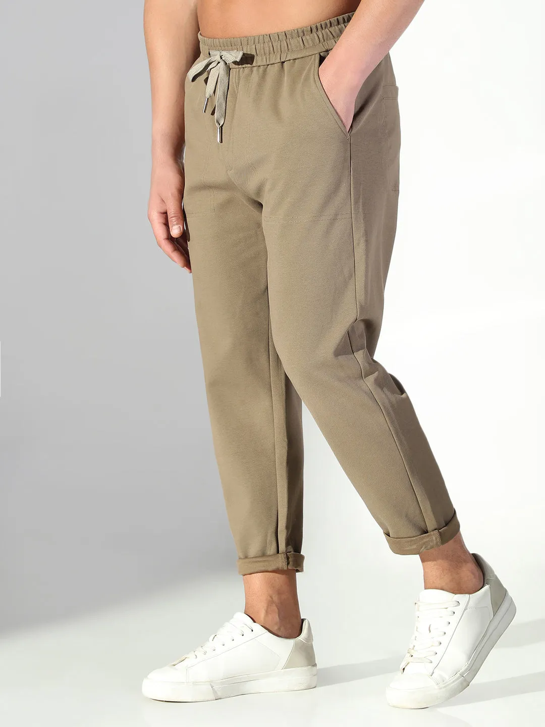 Men's Olive Solid Korean Trousers Low Rise Fit