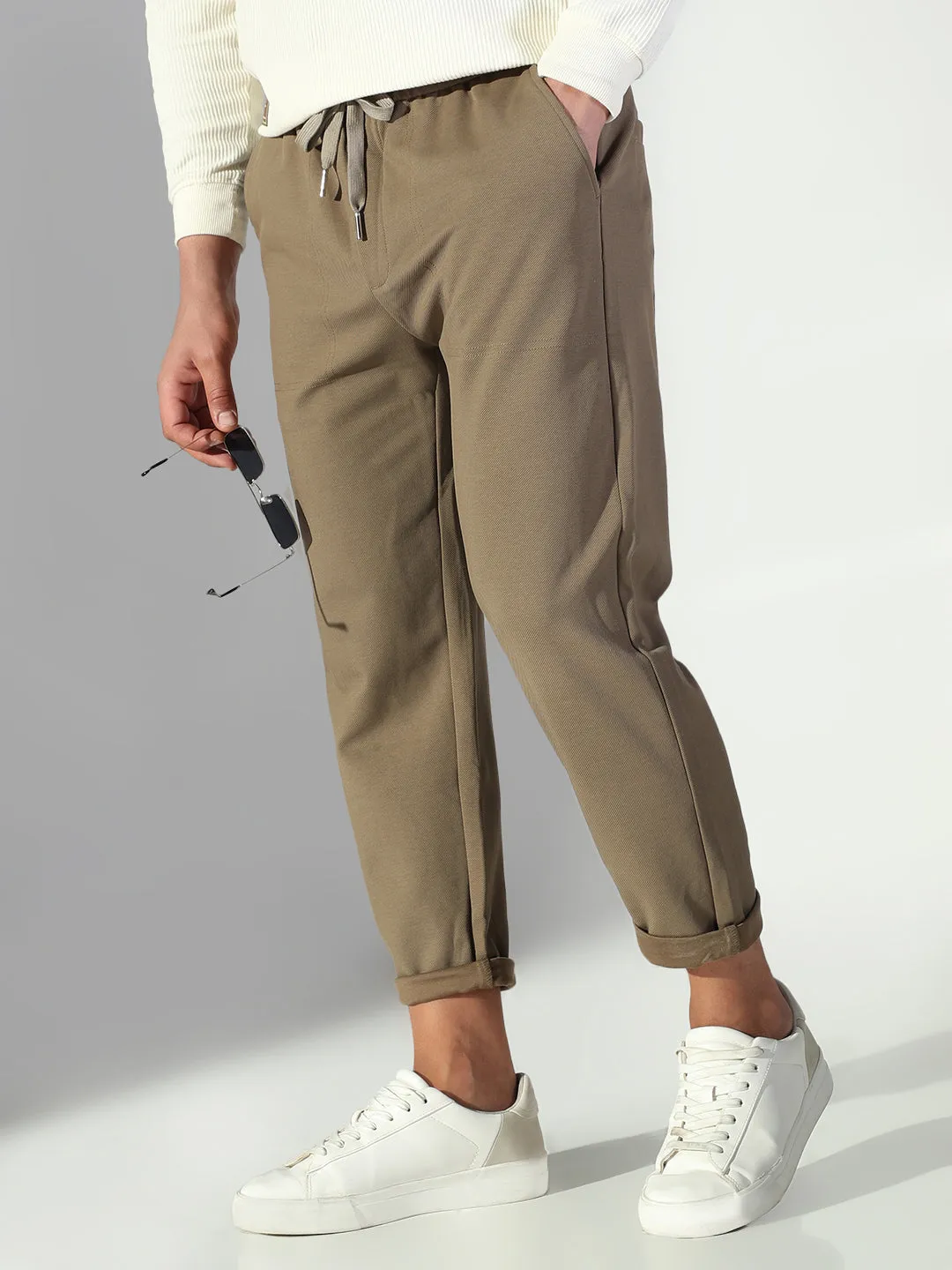 Flexible Ankle Cuffs Men's Olive Solid Korean Trousers
