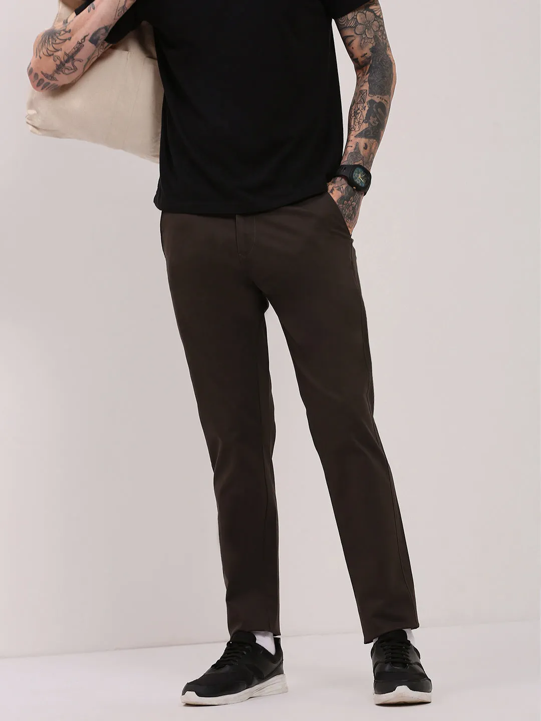 Flexible Fabric All Day Comfort Fit Men's Olive Solid Trousers