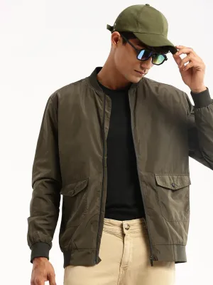Reinforced Stress Points Good Material Men's Olive Stand Collar Slim Fit Bomber Jacket