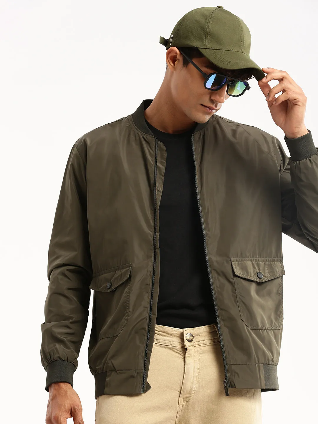 Reinforced Stress Points Good Material Men's Olive Stand Collar Slim Fit Bomber Jacket
