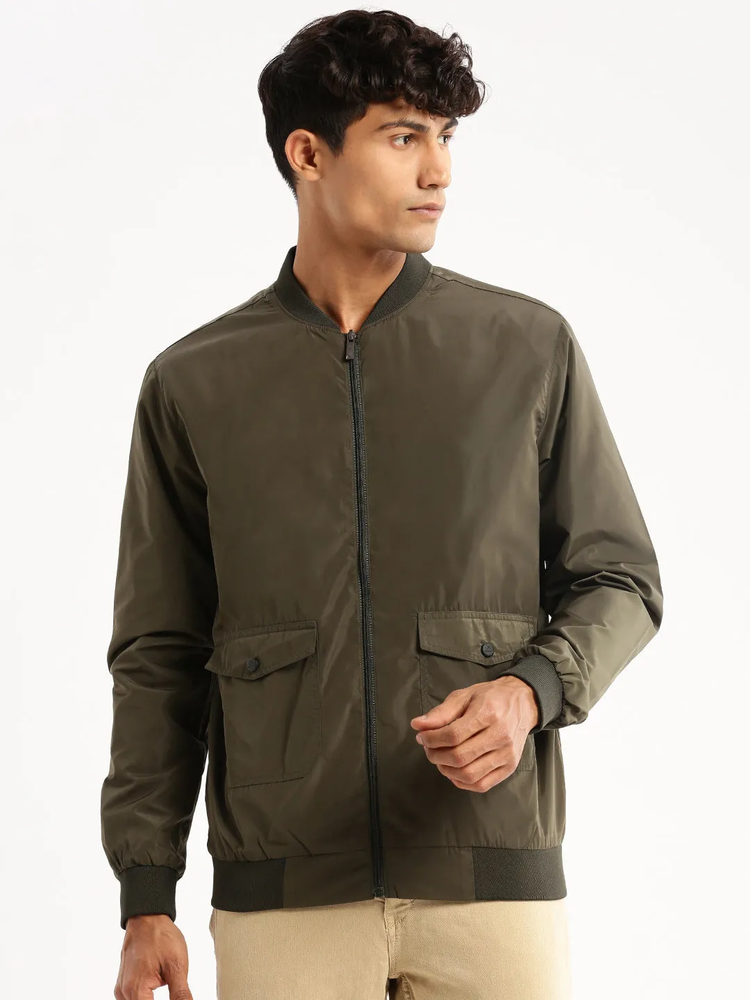 Men's Olive Stand Collar Slim Fit Bomber Jacket Flexible Armholes Secure Internal Pockets