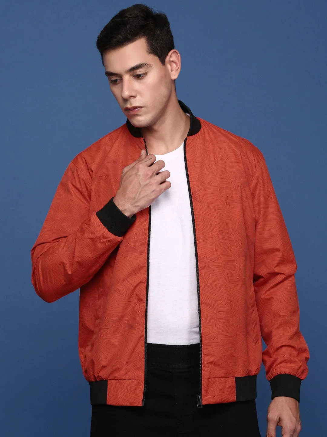 Men's Orange Graphic Printed Windcheater Padded Jacket Versatile Styling