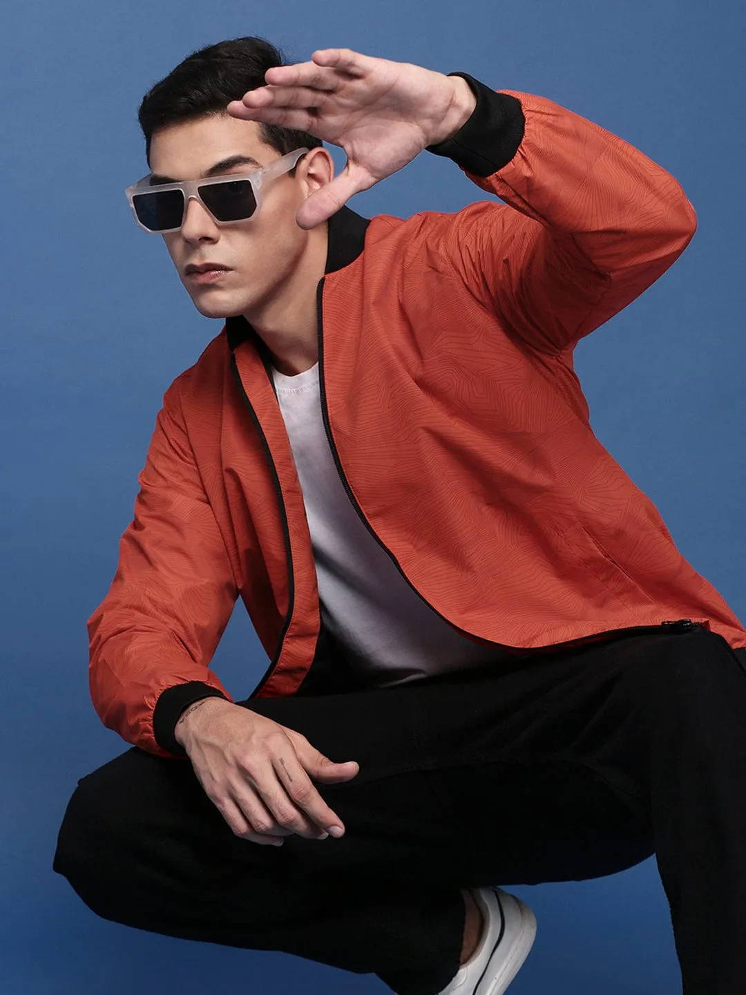 Men's Orange Graphic Printed Windcheater Padded Jacket Flexible Side Gussets Hidden Ventilation