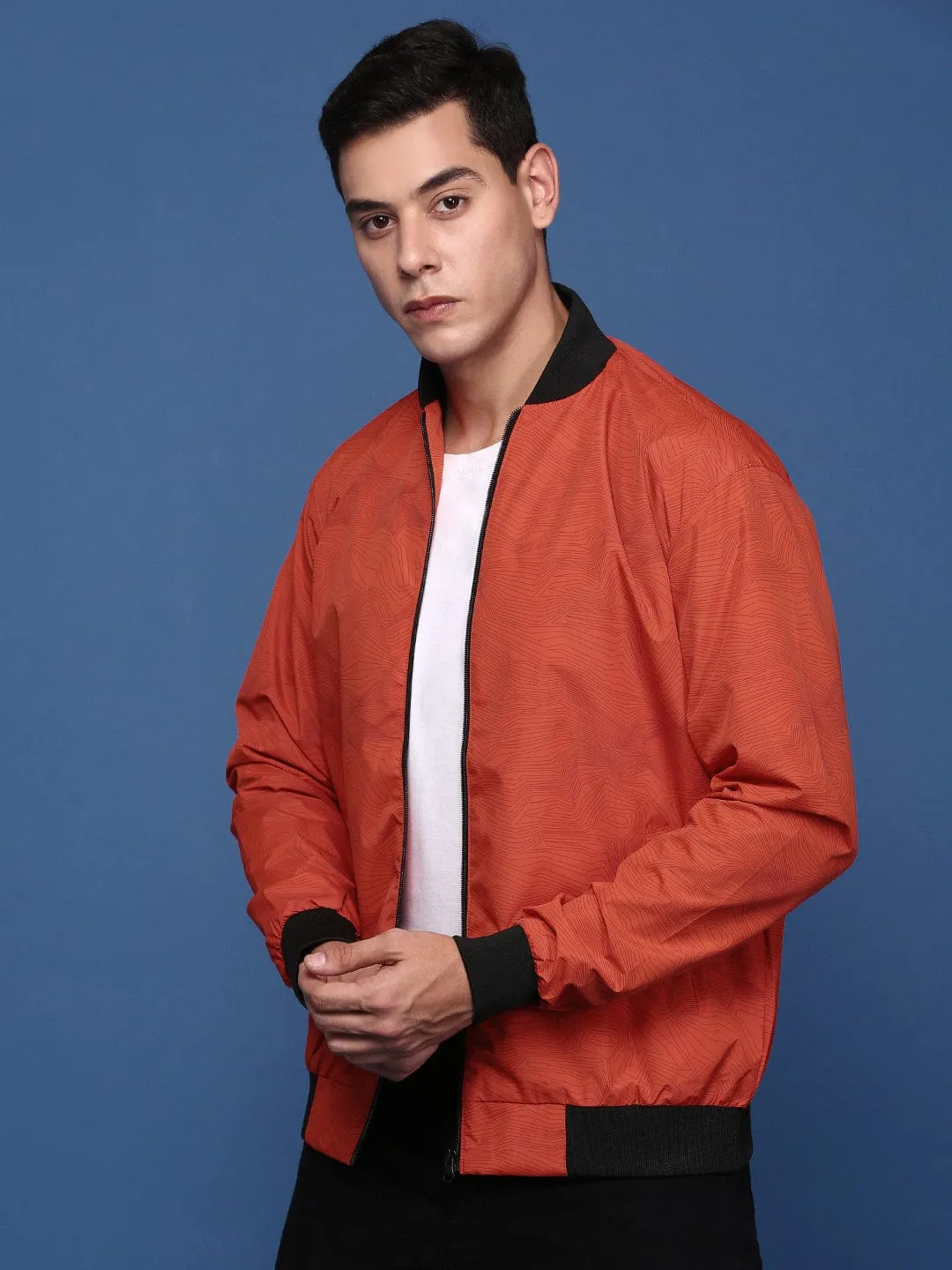 Men's Orange Graphic Printed Windcheater Padded Jacket Comfort Fit Cut