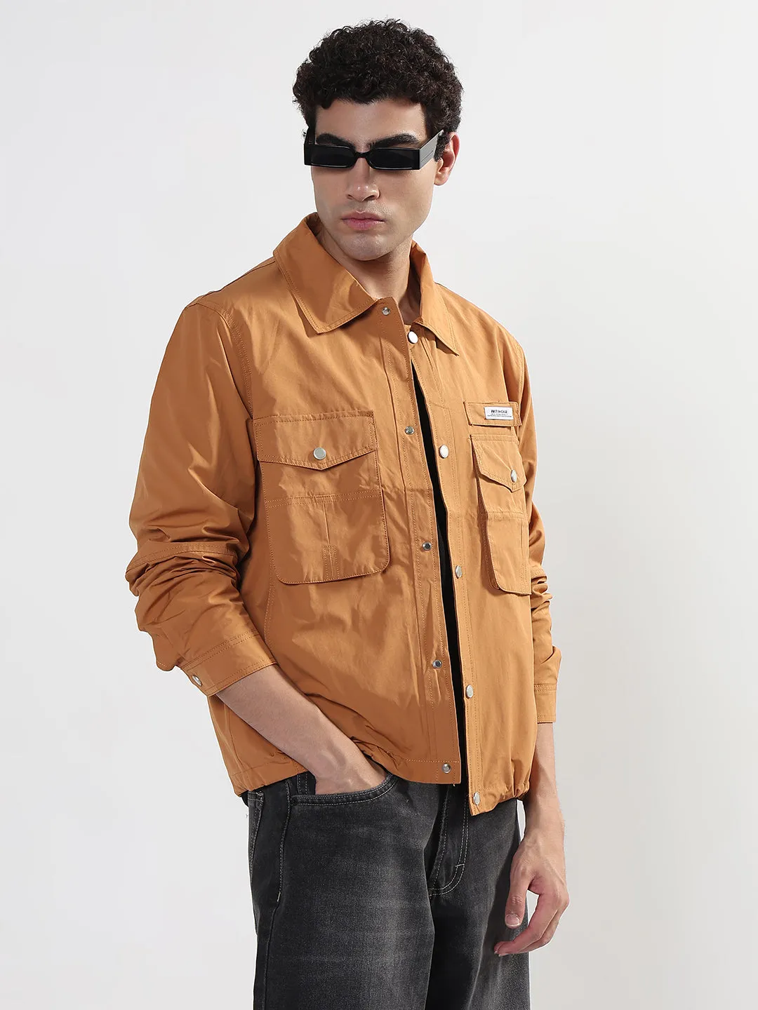 Men's Orange Snap Button Shacket with Pockets Sporty and Cool Everyday Fashion Look