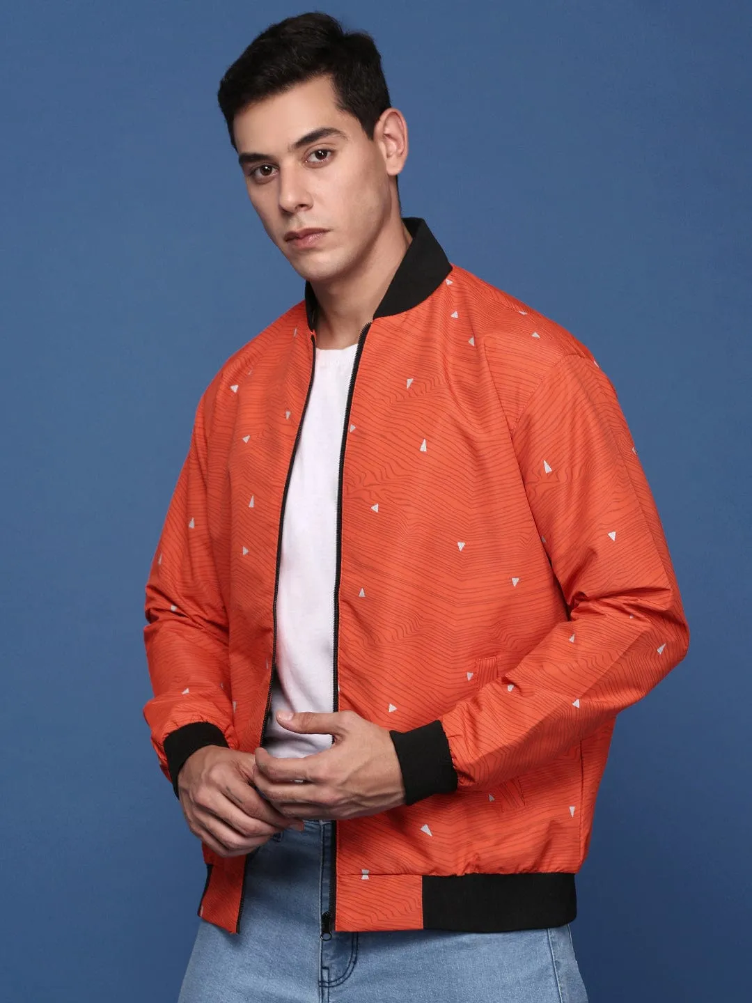 Ergonomic Silhouette Men's Orange Windcheater Crop Open Front Jacket