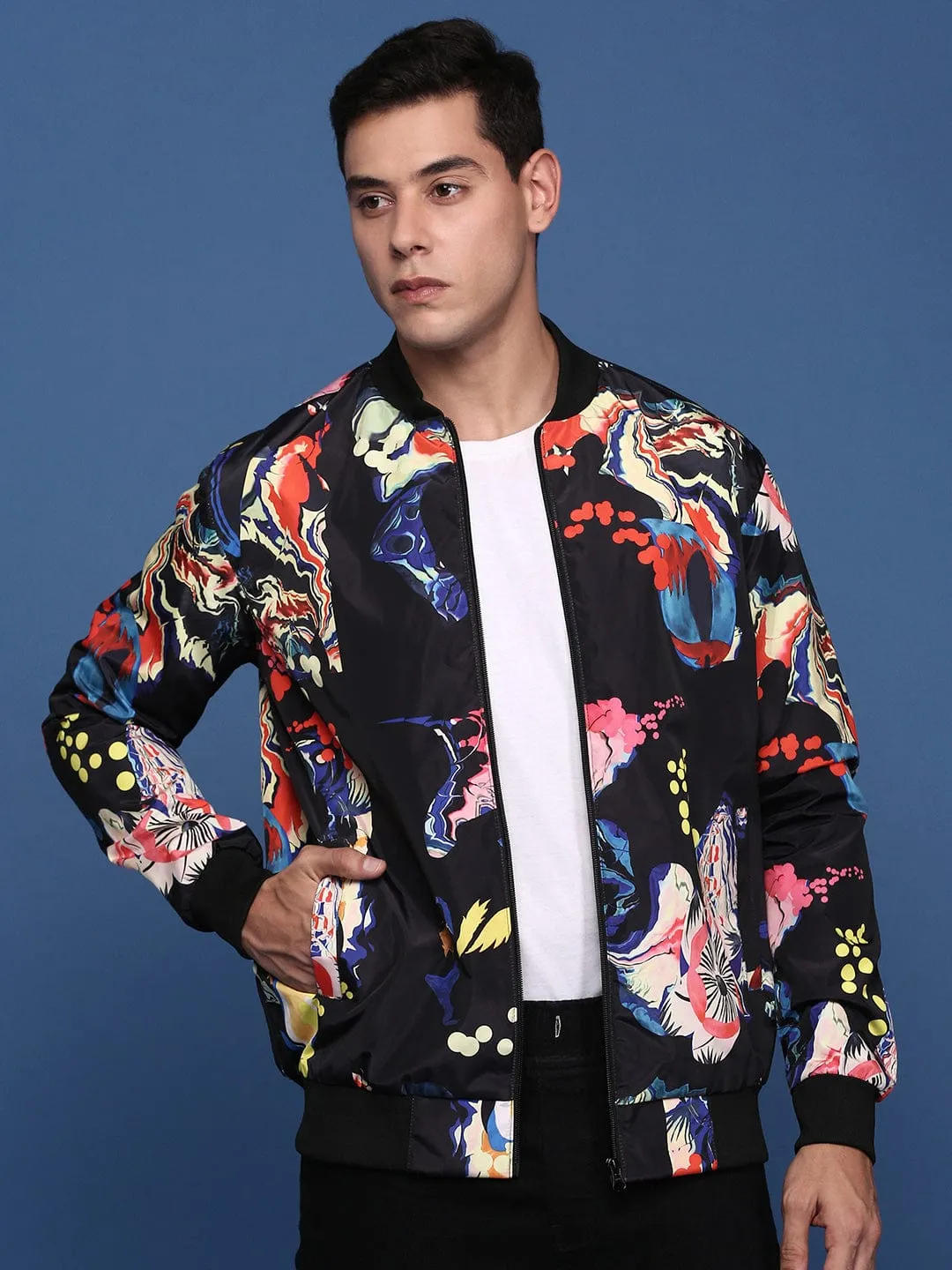 Foldable Design Men's Printed Black Bomber Jacket