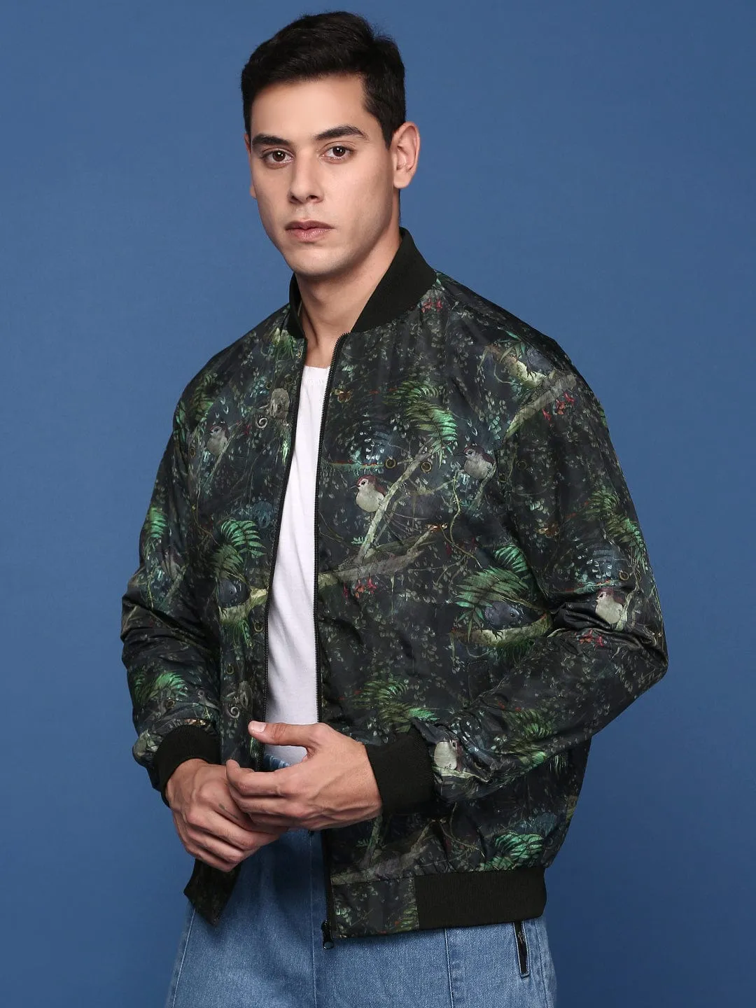 Non Bulky Insulation Tech Men's Printed Green Bomber Cotton Jacket