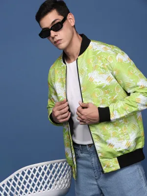 Men's Printed Green Bomber Jacket Full Length Zipper Anti Pilling Surface