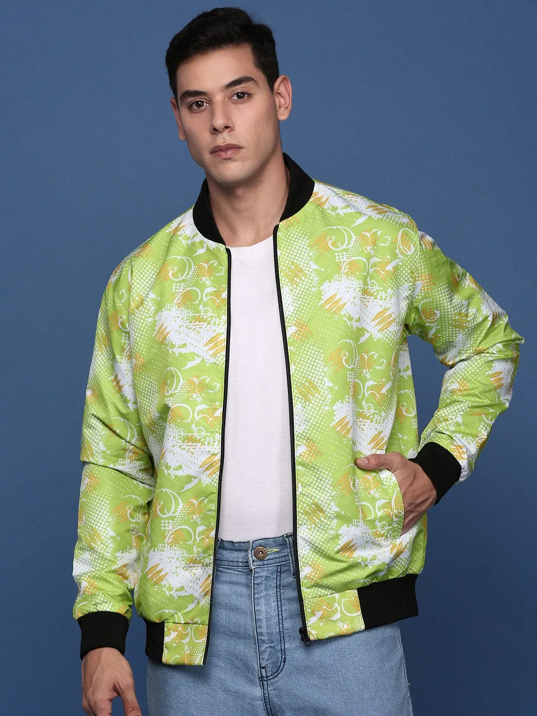 Men's Printed Green Bomber Jacket Adjustable Cuff Design