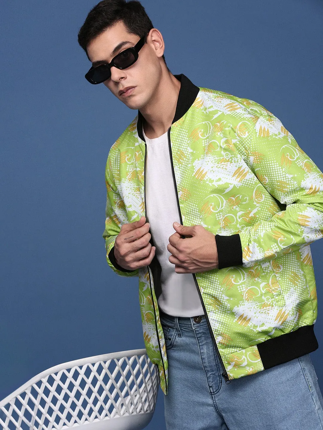Men's Printed Green Bomber Jacket Full Length Zipper Anti Pilling Surface