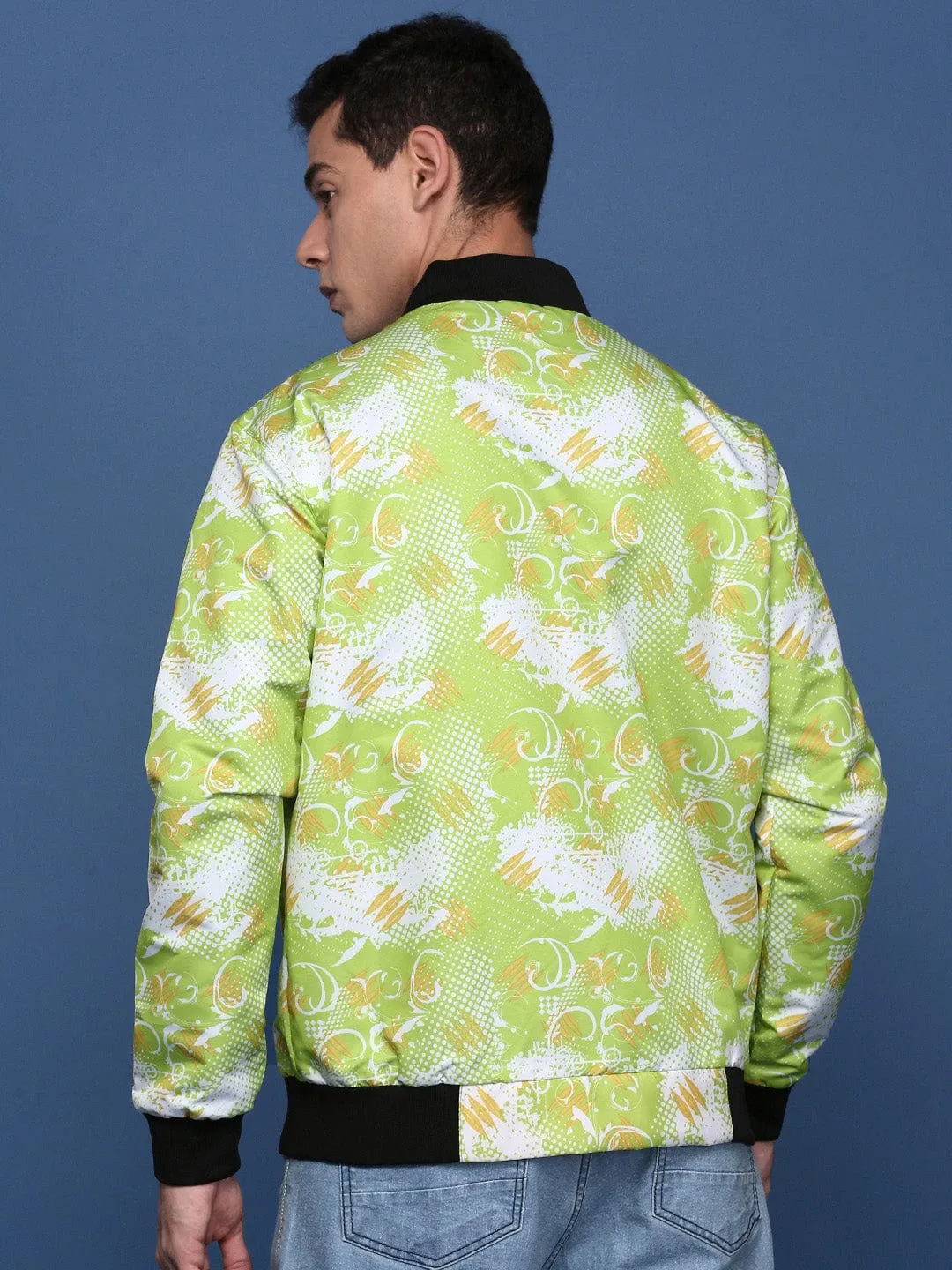 Men's Printed Green Bomber Jacket Zipper Closure System