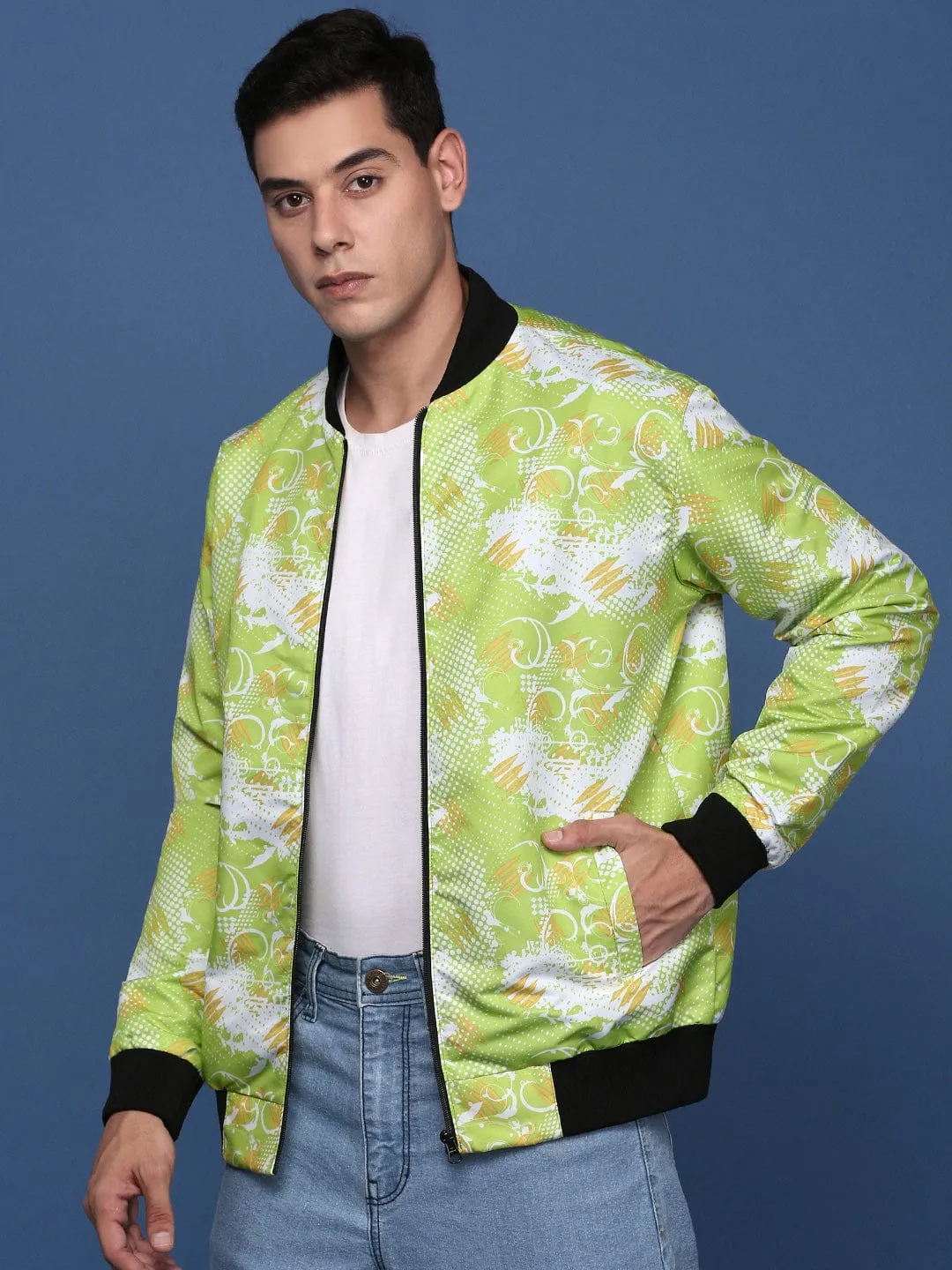 Breathable Mesh Panels Men's Printed Green Bomber Jacket