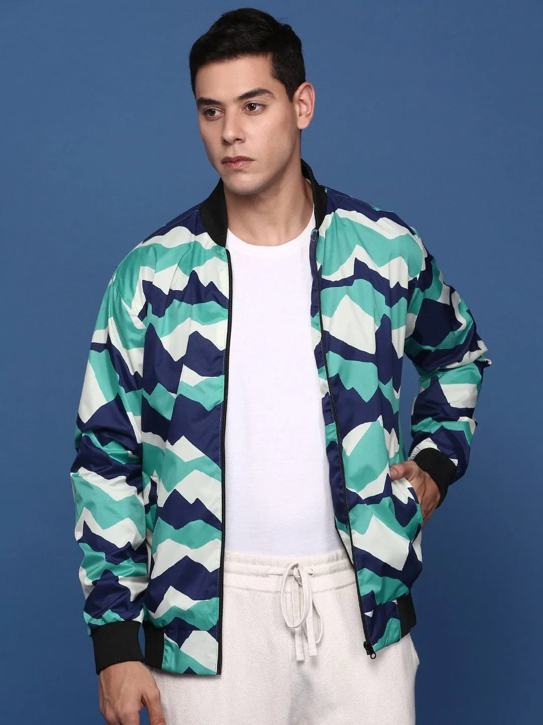 Men's Printed Sea Green Bomber Jacket Low Profile Insulation