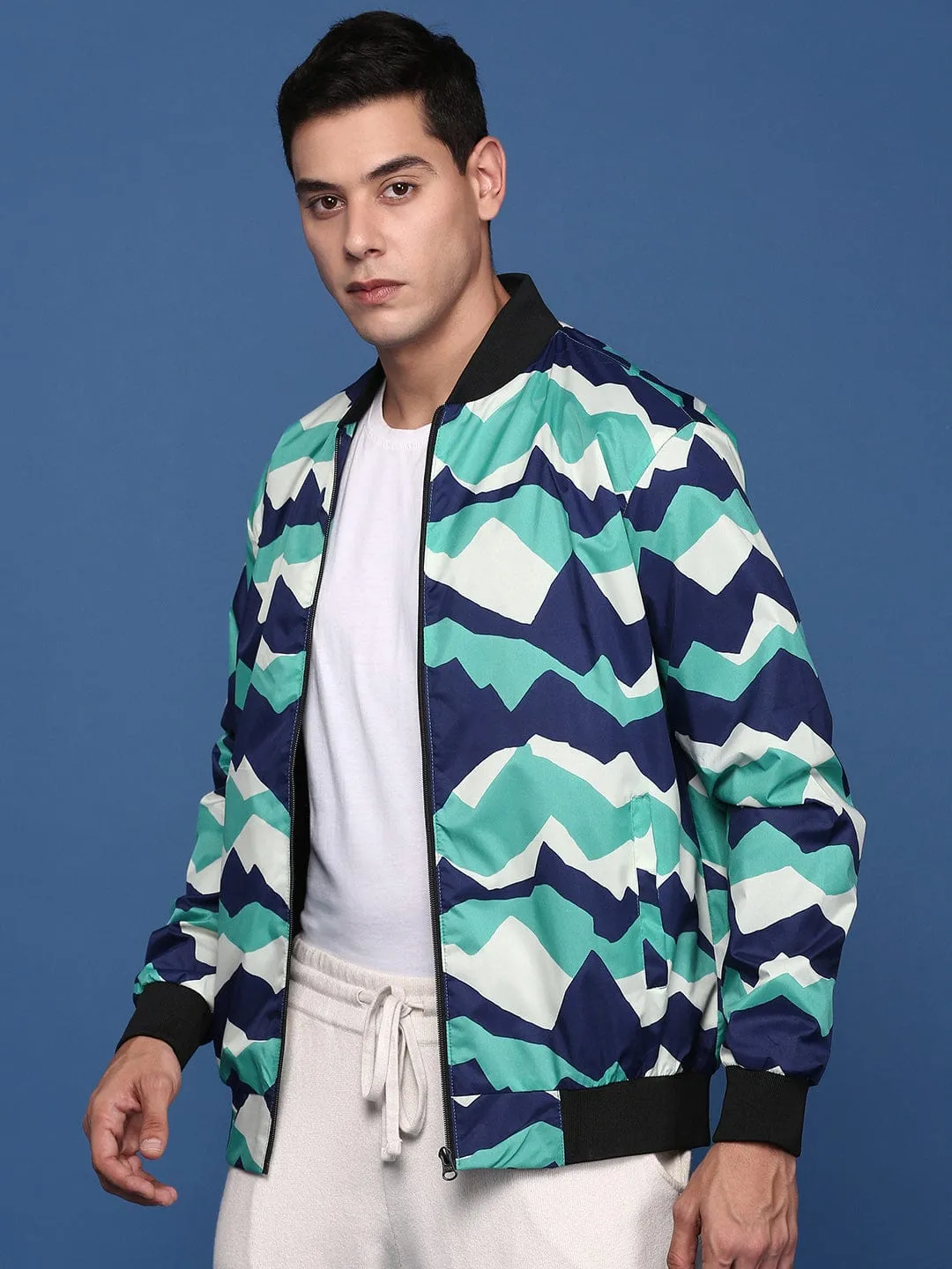 Men's Printed Sea Green Bomber Jacket Minimal Daily Fit Go Anywhere Wear