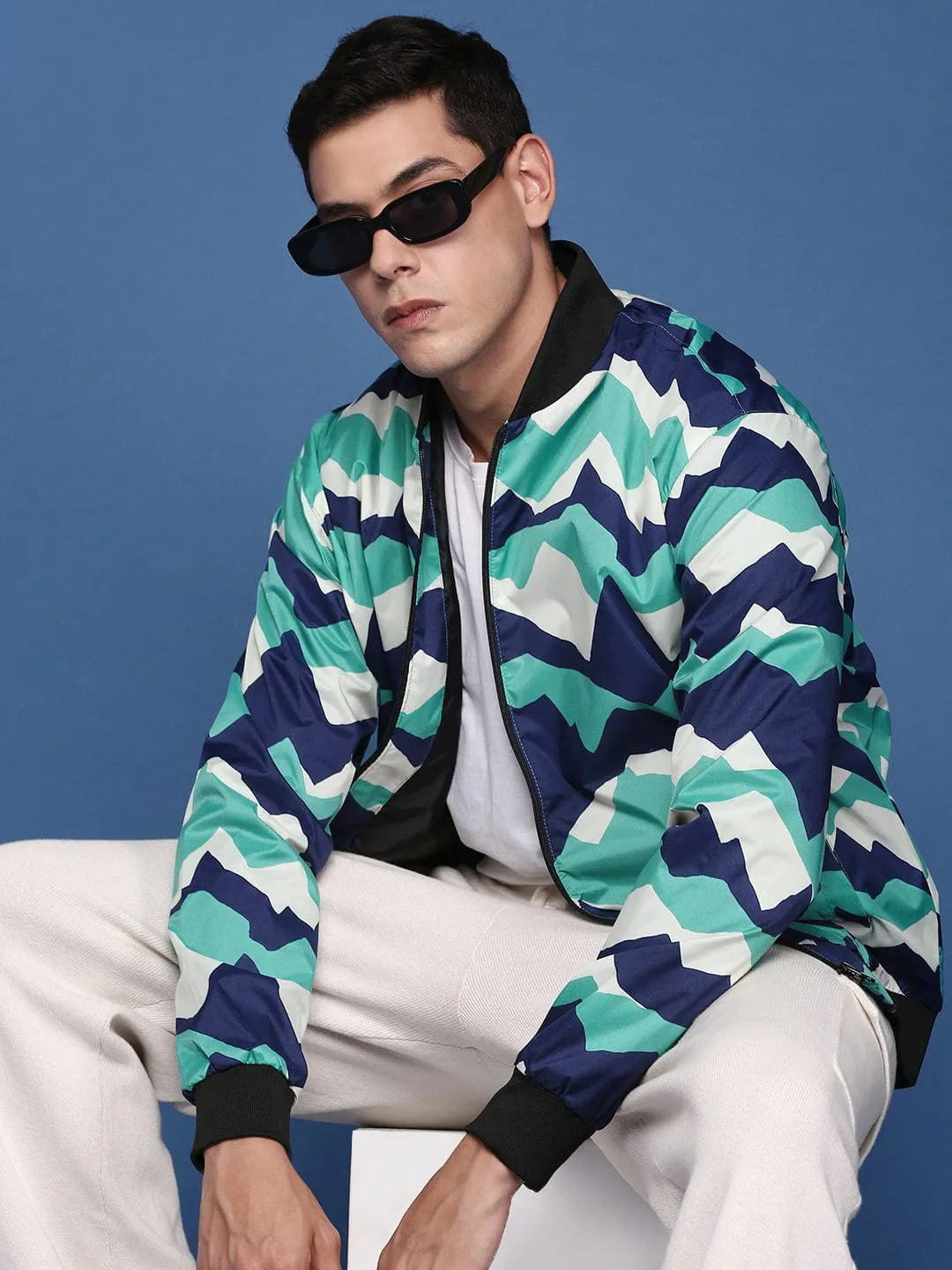 FleeceLined Men's Printed Sea Green Bomber Jacket