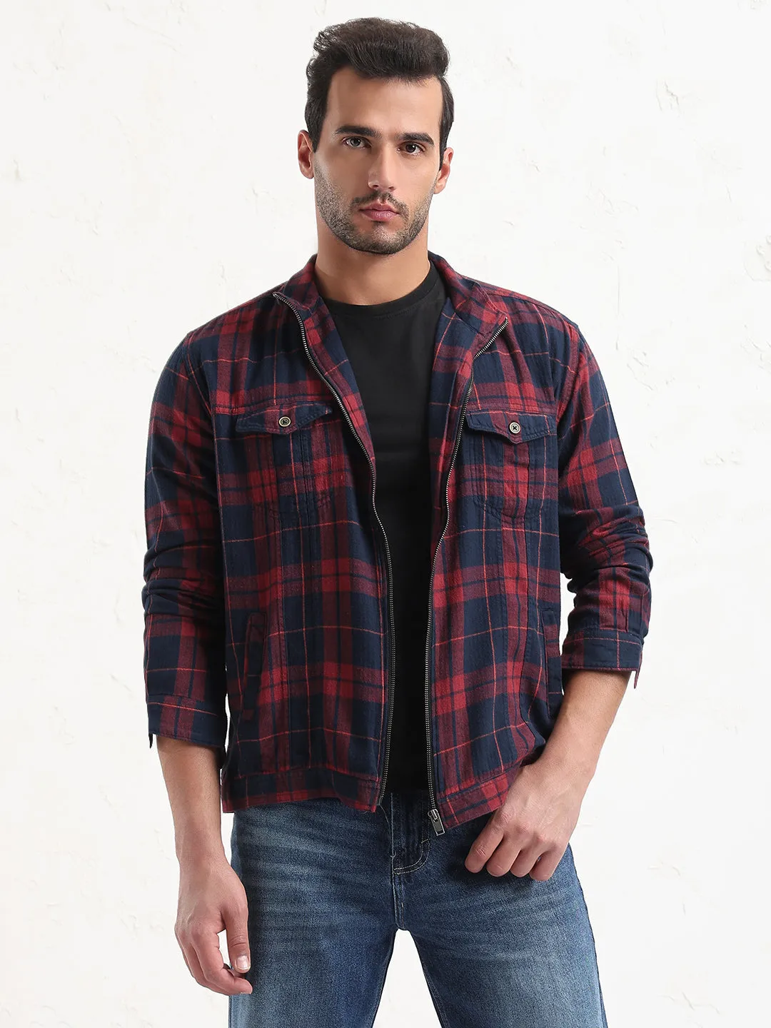 Summer Wardrobe athletic style Men's Red Checked Slim Fit Shacket
