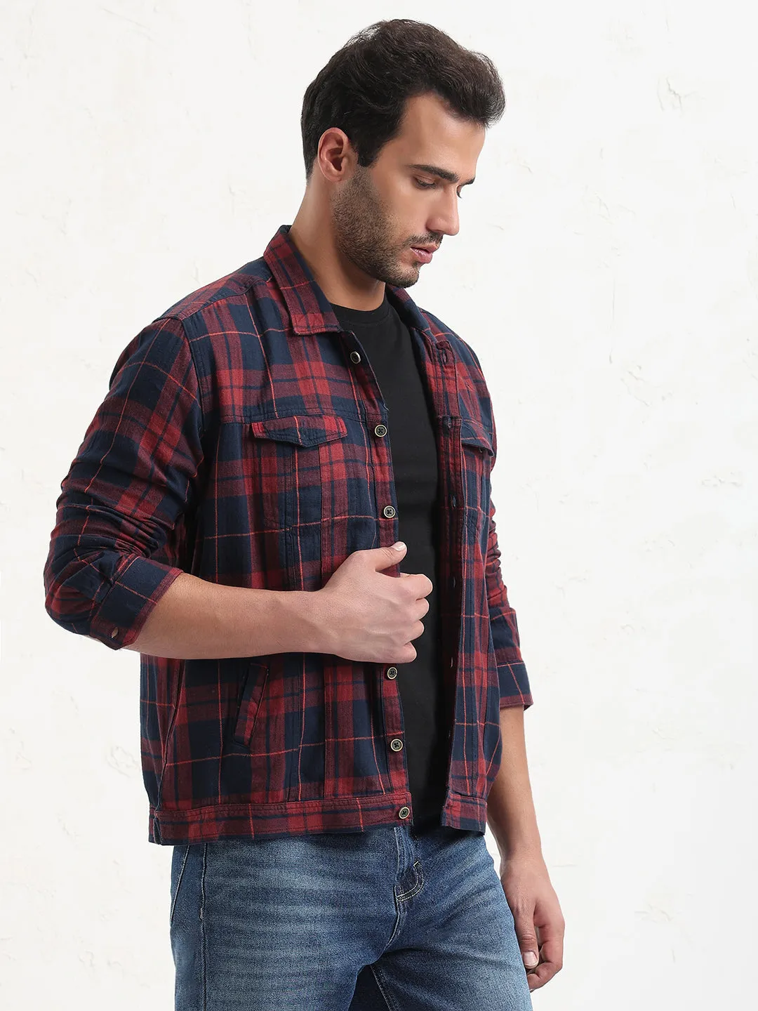 Men's Red Checked Slim Fit Shacket Minimalist Wear