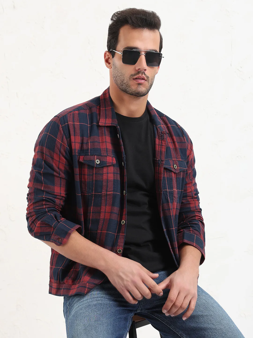 Men's Red Checked Slim Fit Shacket Tubular Knit Structure Job Interview