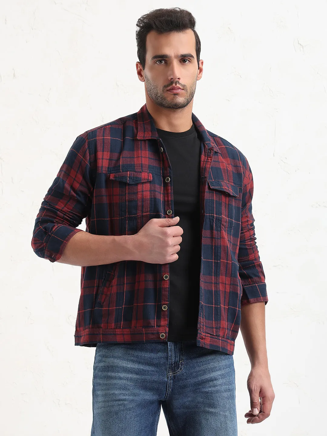 Men's Red Checked Slim Fit Shacket Trendy Vibes Wear