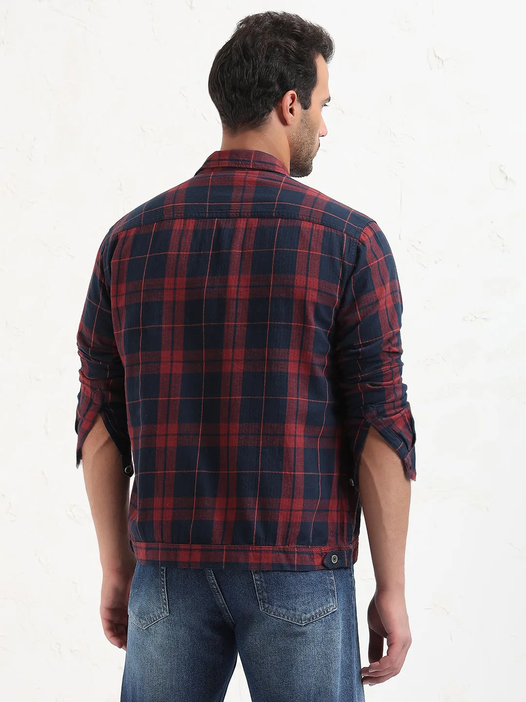 Men's Red Checked Slim Fit Shacket Fashionable Look Smart Wear
