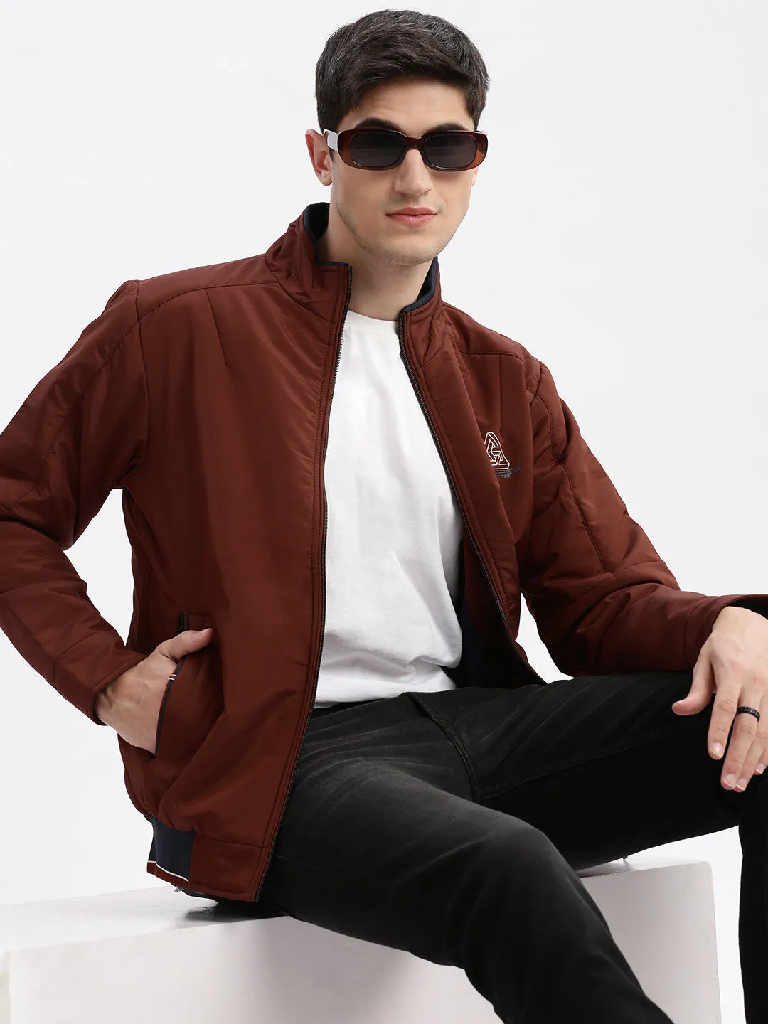 Pattern Print Smooth Zipper Action Men's Rust Windcheater Rapid-Dry Mock Collar Bomber Jacket