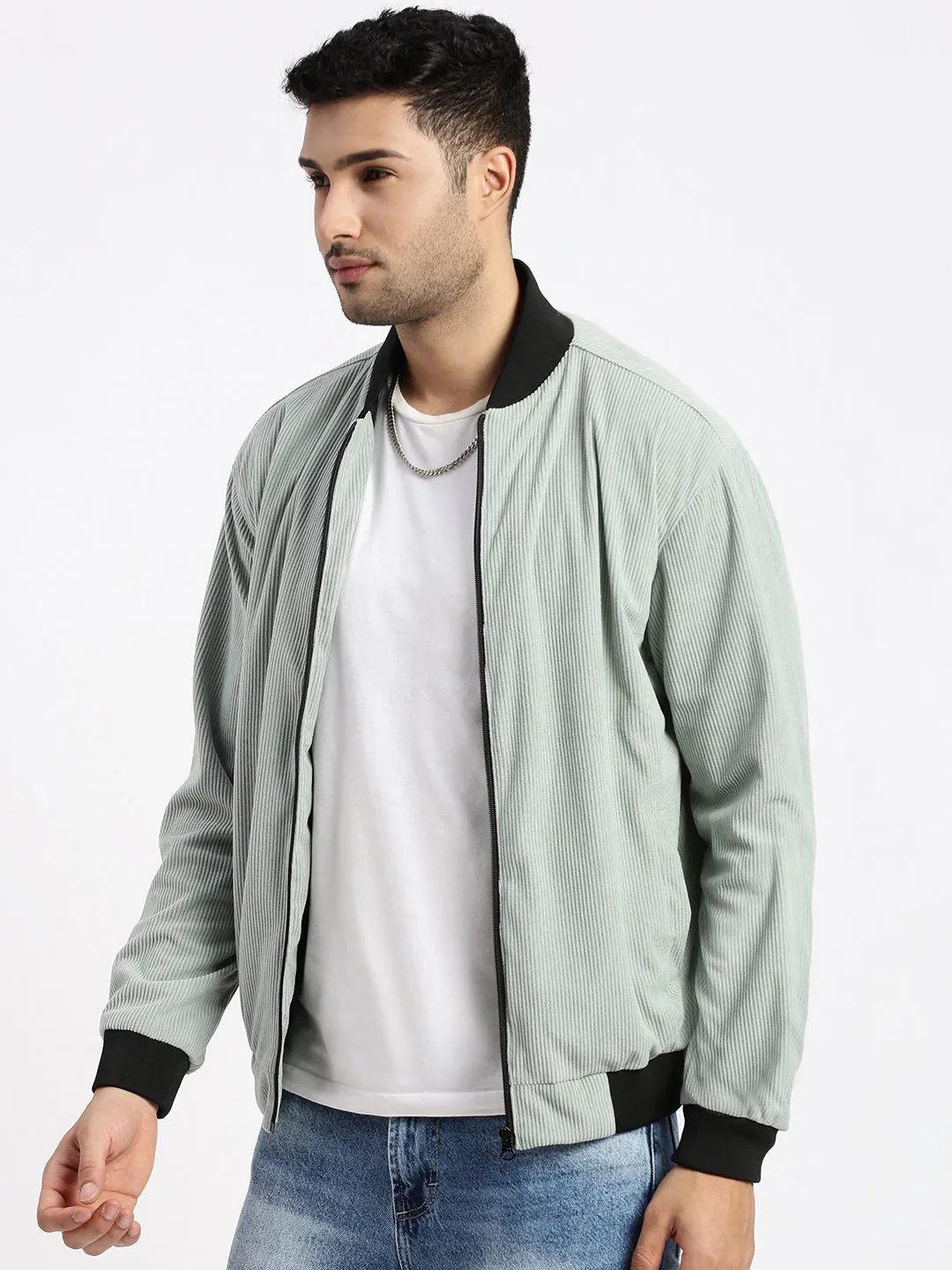Anti Pilling Fabric Modular Design Men's Sea Green Mandarin Collar Bomber Jacket