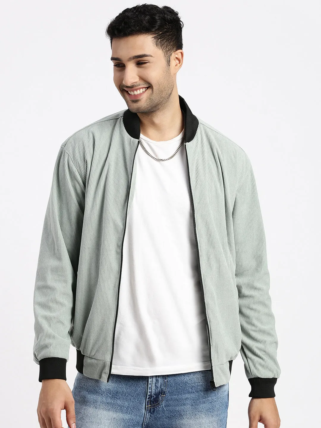 Men's Sea Green Mandarin Collar Bomber Jacket Anti Pill Fabric Tech Hypoallergenic Fibers