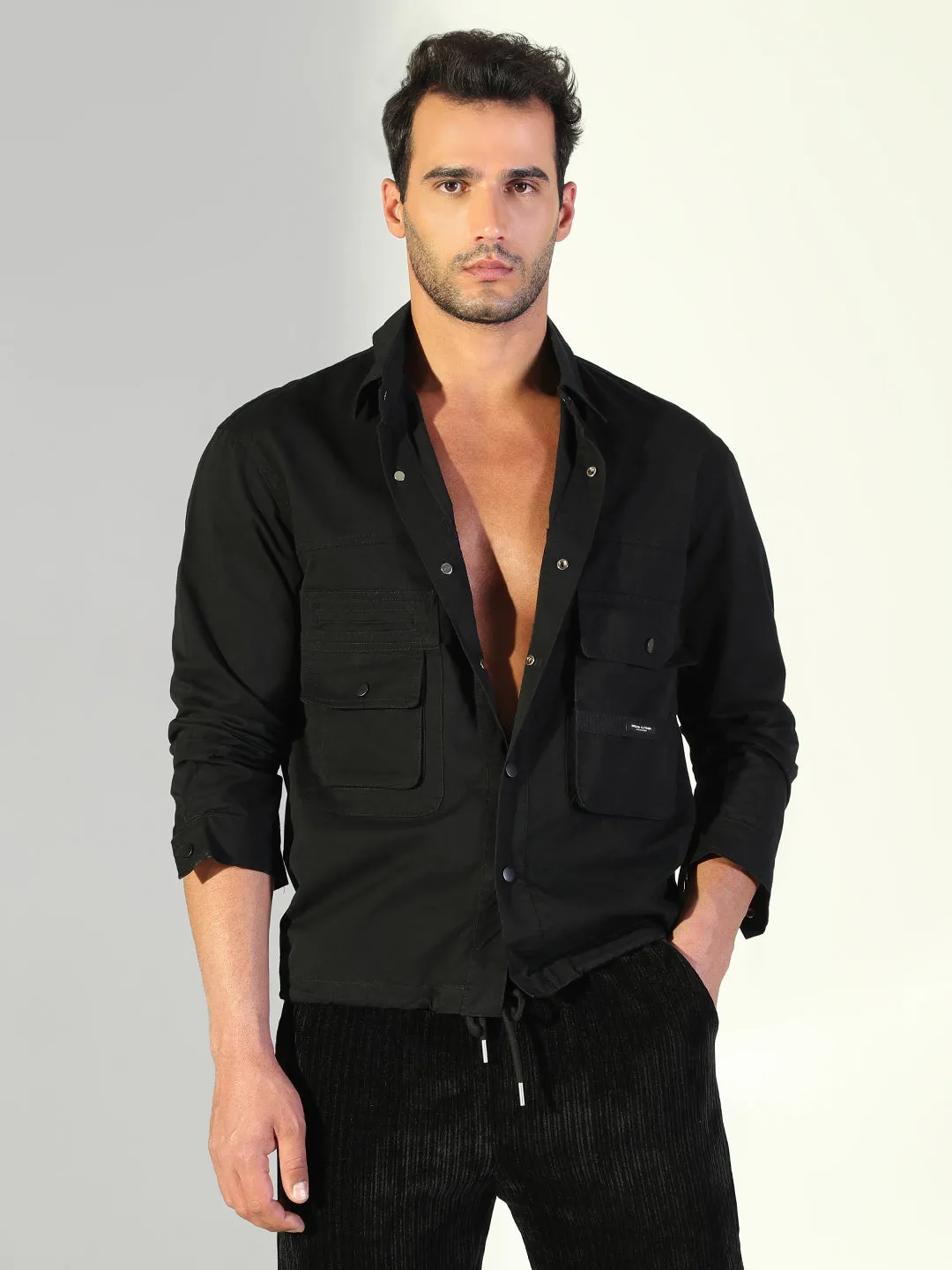 BreathableMaterial Men's Solid Black Shacket