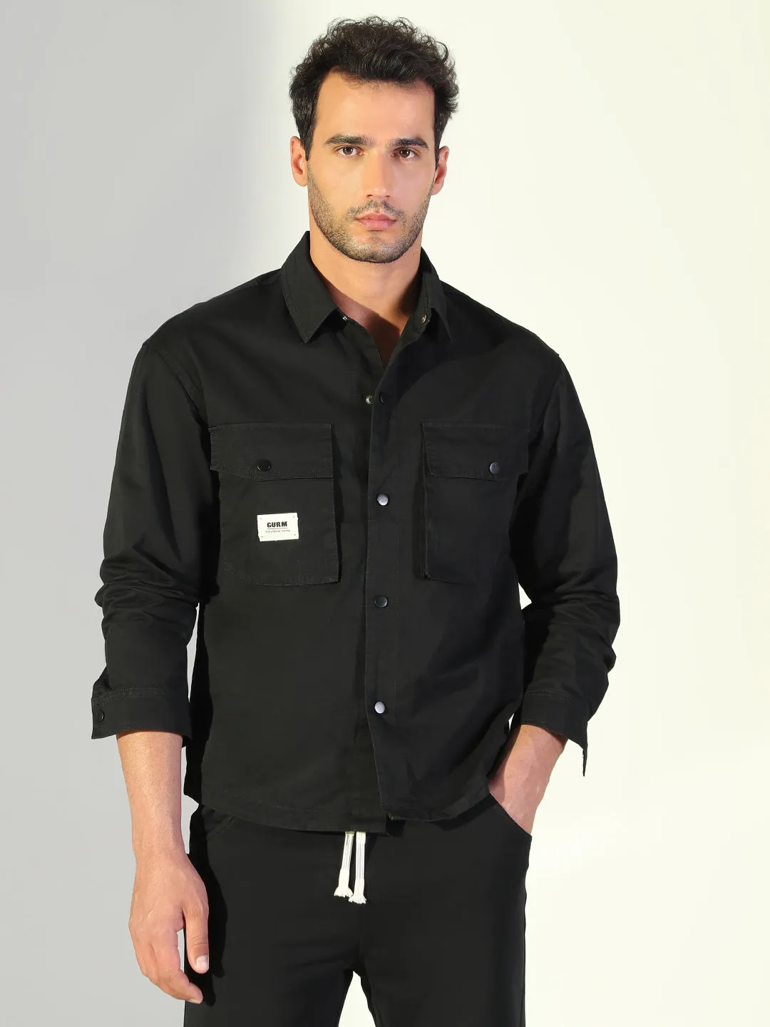 Men's Solid Black Shacket Breathable Performance Wear Fashion-Forward Look