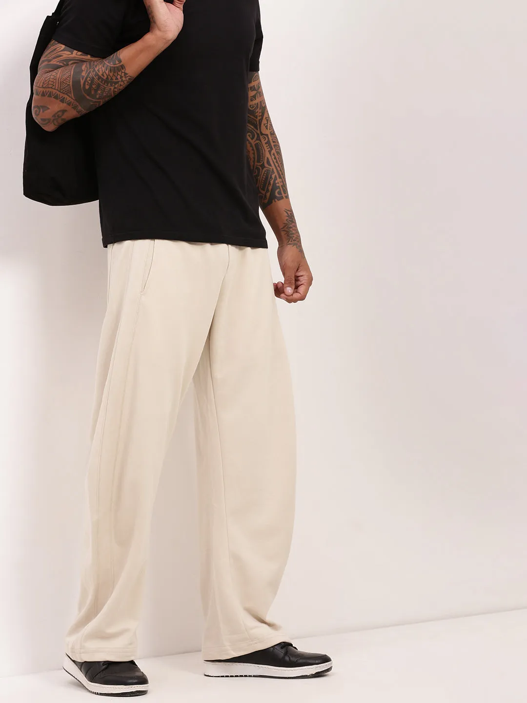 Men's Solid Cream Straight Fit Trousers EcoFriendlyDye