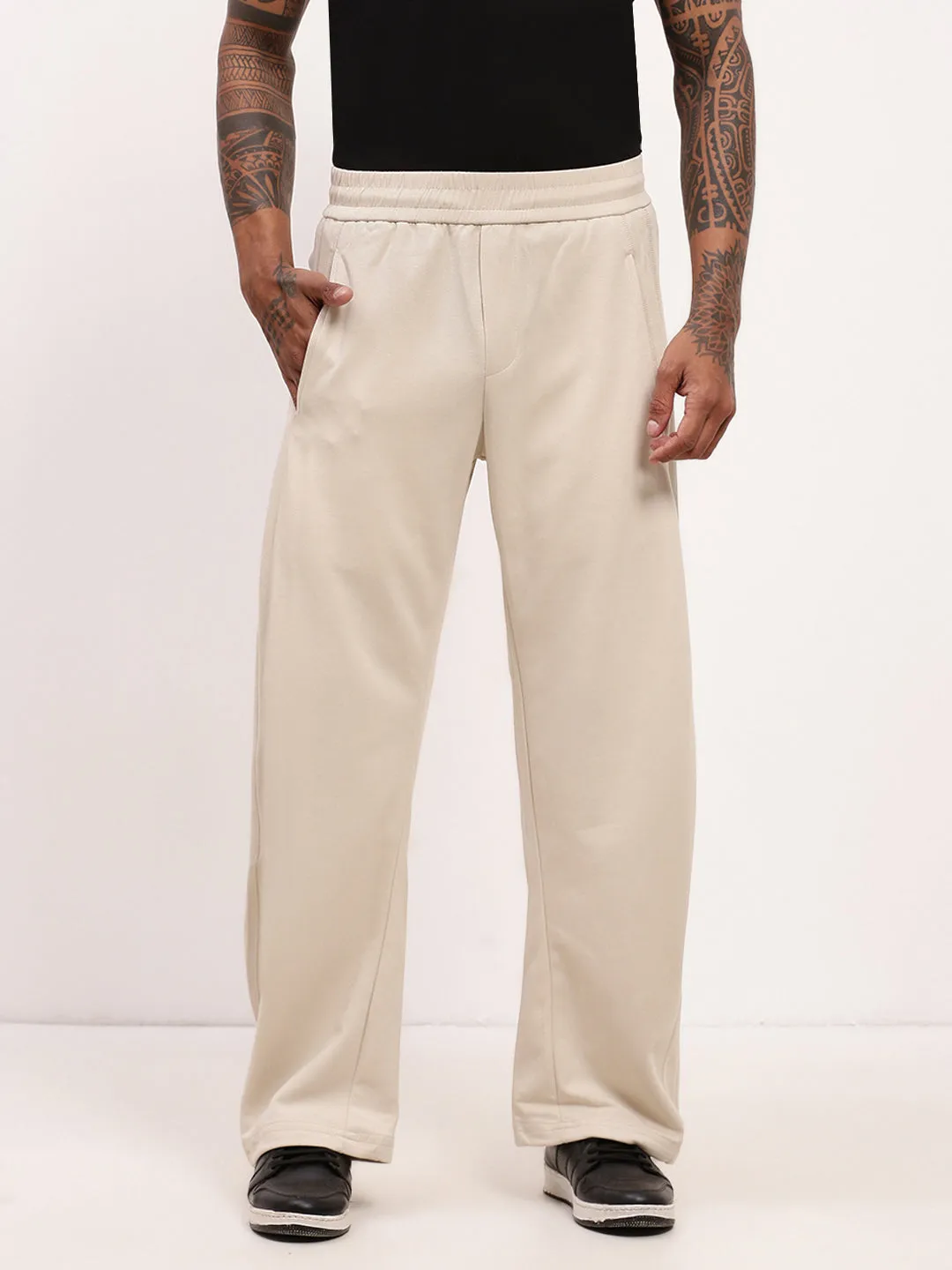 Comfy Motion Men's Solid Cream Straight Fit Trousers