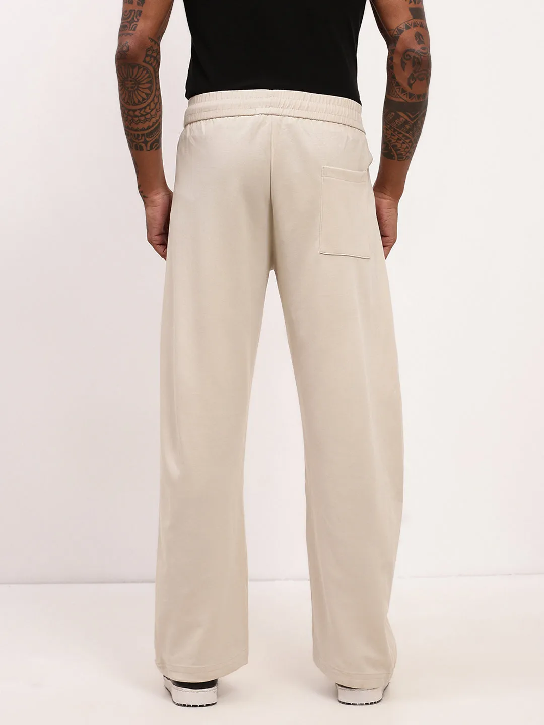 Men's Solid Cream Straight Fit Trousers Movement Ease