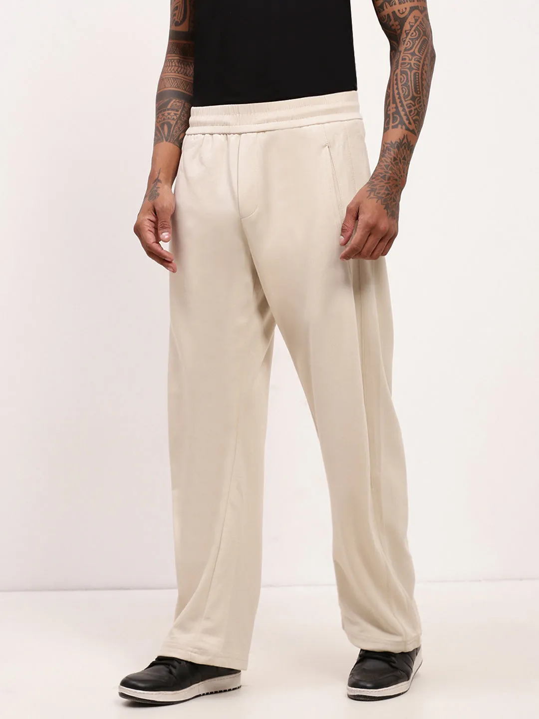 Men's Solid Cream Straight Fit Trousers Snag Proof Fabric