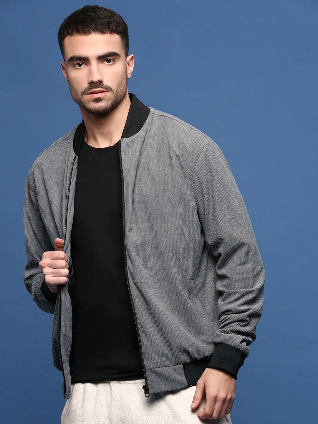 CompactPacking Men's Solid Grey Bomber Jacket