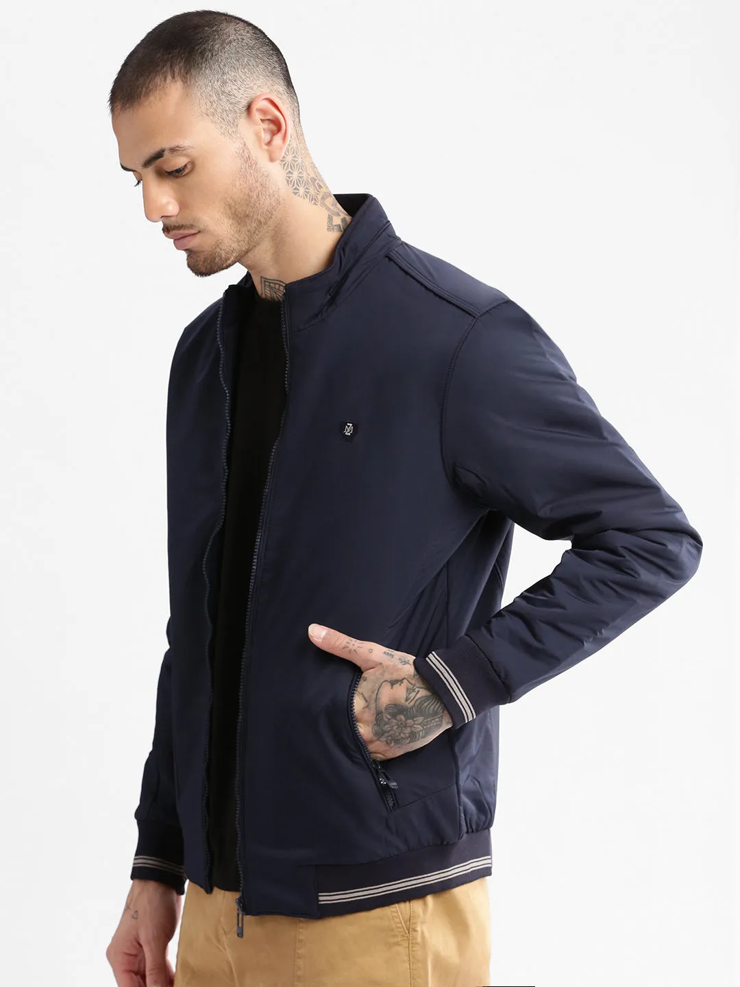Men's Solid Mock Collar Navy Blue Classic Bomber Jacket Tailored Silhouette DetachableLining