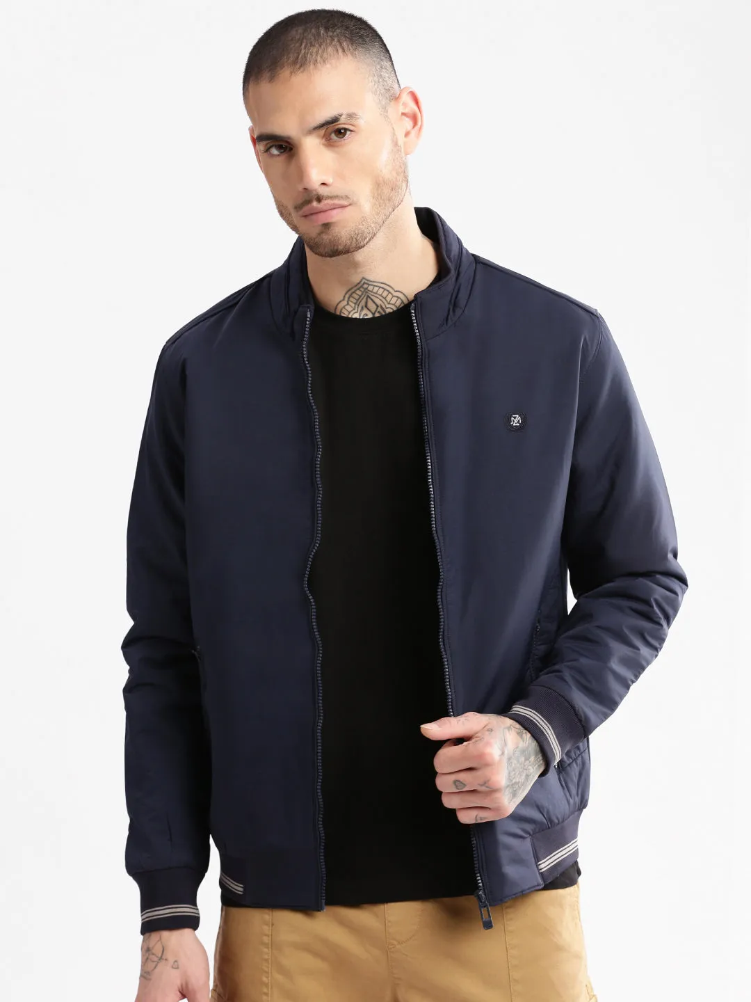 BreathableLining Men's Solid Mock Collar Navy Blue Classic Bomber Jacket