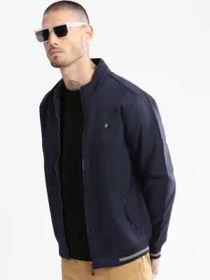Microfiber texture Foldable Shoulder Straps Men's Solid Mock Collar Navy Blue Classic Bomber Jacket