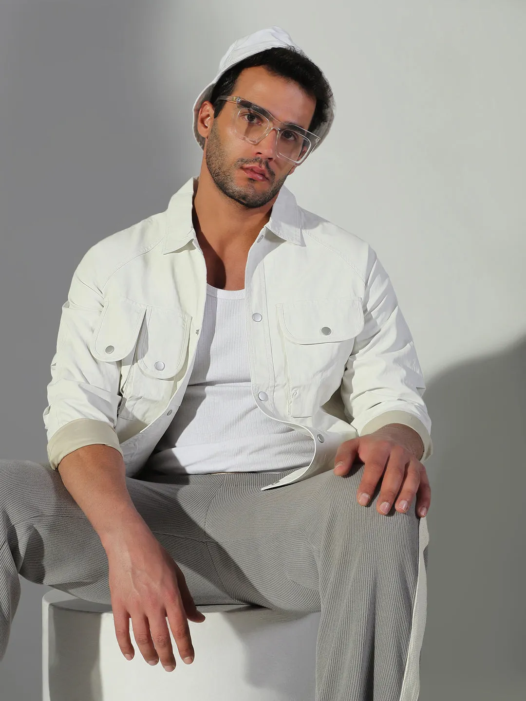 Comfortable And Trendy Men's Solid Off White Shacket