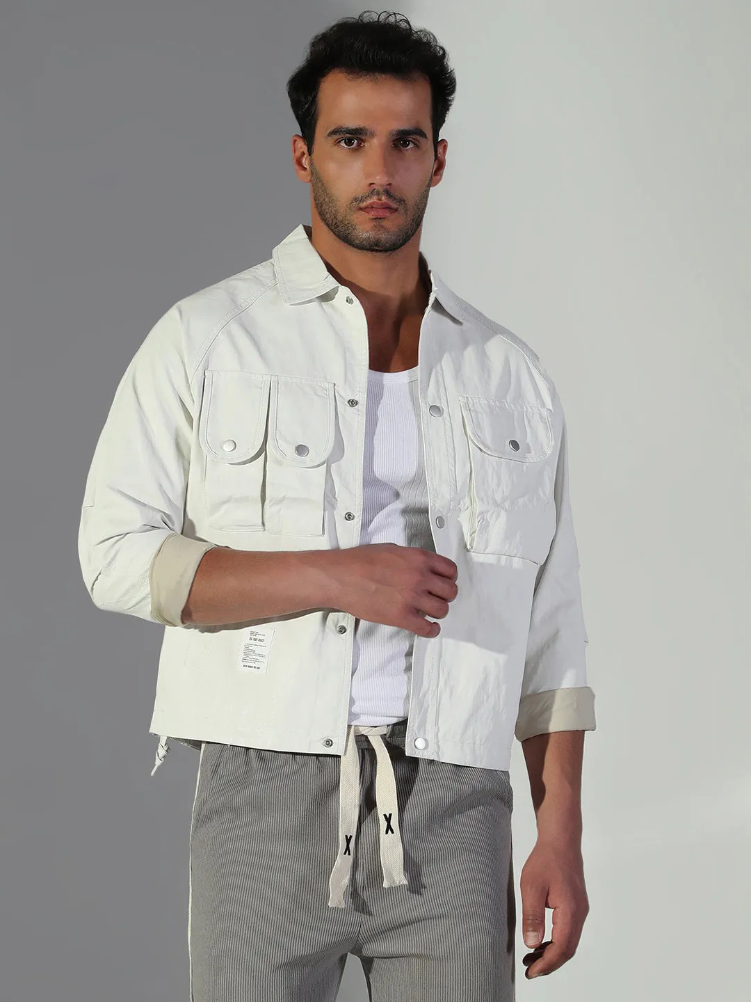 Men's Solid Off White Shacket Indoor clothing